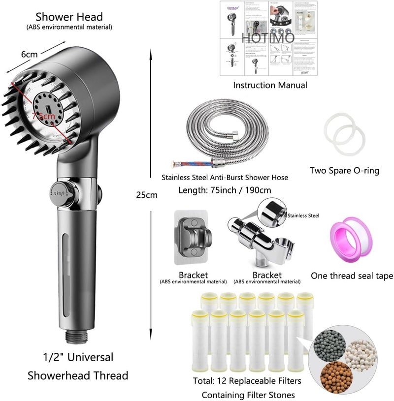 HOTIMO Filtered Shower Head with Handheld - High Pressure 3 Spray Modes Showerhead with Filters, 12 Replaceable Water Softener Filters for Hard Water | Ion Shower Drops Head with 75" Anti-Burst Hose - Image 5